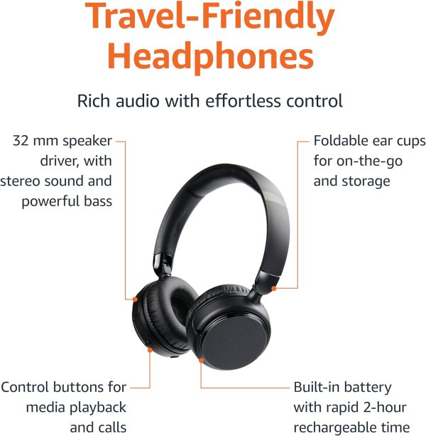 Amazon Basics Bluetooth Wireless On Ear Headphones with Microphone, 35 Hour Playtime, Foldable, One Size, Black - Image 2