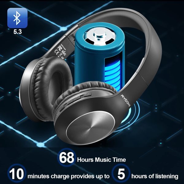 Bluetooth Headphones Over Ear, 68H Playtime and 3 EQ Music Modes Wireless Headphones with Microphone/Deep Bass, HiFi Stereo Foldable Lightweight Headset for PC Home Travel Office （Black - Image 2