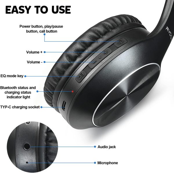 Bluetooth Headphones Over Ear, 68H Playtime and 3 EQ Music Modes Wireless Headphones with Microphone/Deep Bass, HiFi Stereo Foldable Lightweight Headset for PC Home Travel Office （Black - Image 6