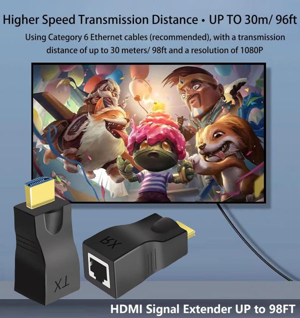 Hdmi Extender Over Ethernet Cat 6/ 7/ 8 Cable, HDMI to RJ45 Ethernet Network Converter, Support Audio Video 1080P UP to 98FT(30m), Suitable for HDTV, Computer, Set Top Box, PS3 4, Projector, Monitor - Image 3