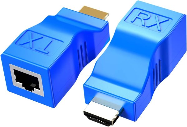 HDMI to RJ45 Network HDMI Repeater, 2 PCS HDMI Extender Transmitter and Receiver Network RJ45 Over Cat 5e / 6 1080p with Built-in Thunder Protection Circuit