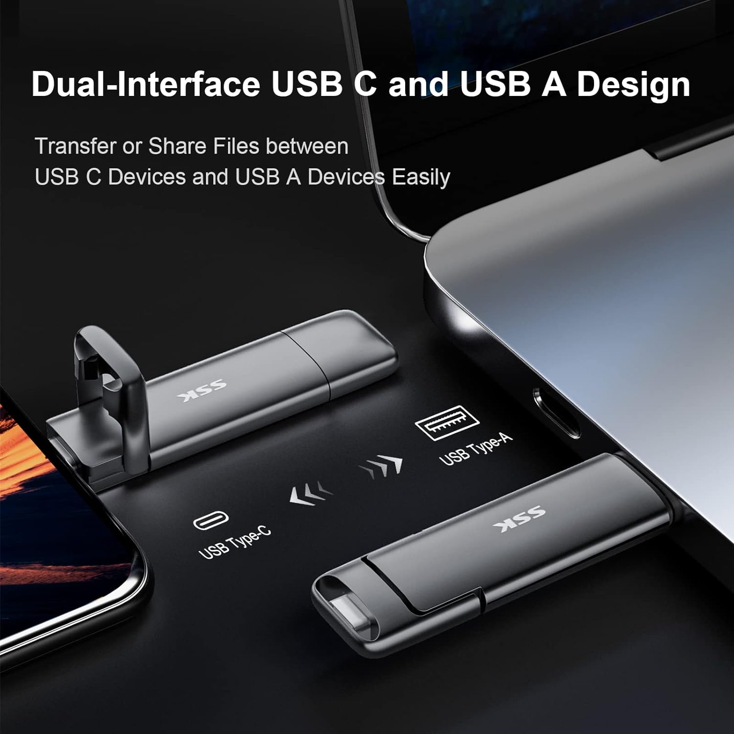 SSK External USB C SSD Flash Drive 512GB, Up to 550MB/s 2-in-1 Type C+ USB A USB3.2 Gen2 Solid State Thumb Drive, Memory Stick Data Storage for iPhone 15/PS4/PS5/Android Phone/Windows/Mac - Image 4