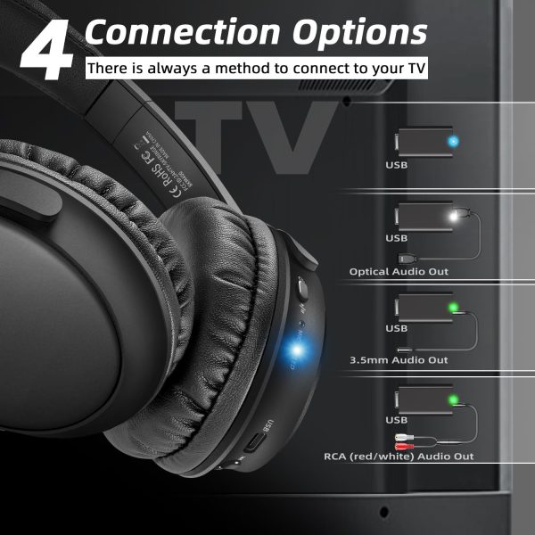 Wireless Headphones for TV - BKM400 TV Headphones Wireless with Portable Bluetooth USB Transmitter (Optical, AUX, RCA and USB Output), 165FT Farther Range, Enhanced Volume, 20Hrs - Image 3